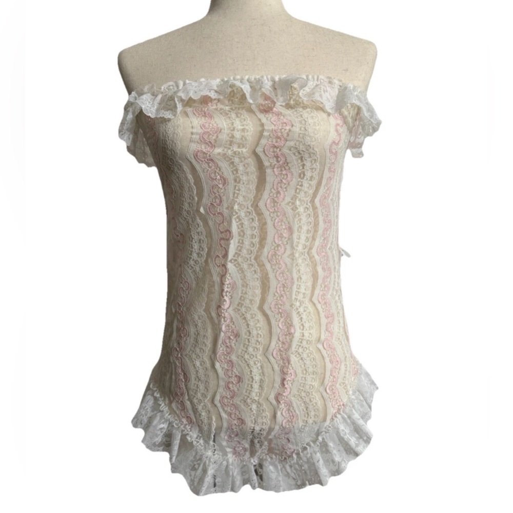 Love’s Delight By Randi Lingerie Bodysuit Pink White Lace Size Large vintage